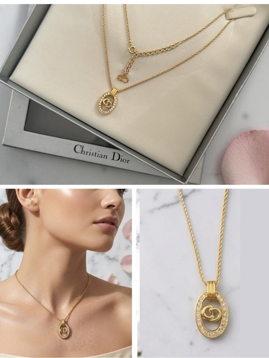 Dior Jewelry - Christian Dior Necklace Pendant Gold Tone CD Logo Rhinestone Vintage